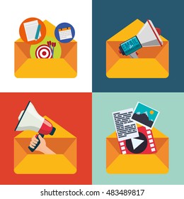 Megaphone Target Picture Movie And Envelope Icon. Email Marketing Message Communication And Media Theme. Colorful Design. Vector Illustration