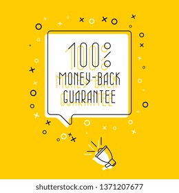 megaphone and text '100% money back guarantee' in speech bubble on yellow background. flat thin line vector illustration. modern banner and poster business, marketing, advertising concept template