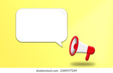 Megaphone and text bubble on yellow background. Announcement or promotion alert pattern web vector illustration. Simple design announce template with loudspeaker item.