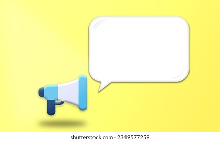 Megáfono y burbuja de texto sobre fondo amarillo. Ilustración de vectores web de patrones de alerta de anuncio o promoción. Plantilla de anuncio de diseño simple con elemento de altavoz.
