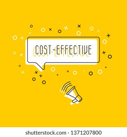 megaphone and text 'cost effective' in speech bubble on yellow background. flat thin line vector illustration. modern banner and poster business, marketing, advertising concept template. eps 10