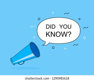 Megaphone with text "Did you know" speech bubble. Loudspeaker. Banner for business, marketing and advertising. Modern flat style vector illustration.