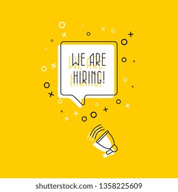 megaphone and text 'we are hiring' in speech bubble on yellow background. flat thin line vector illustration. modern banner and poster business, marketing, advertising concept template. eps 10