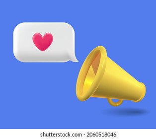 Eine Megaphone, die eine Botschaft der Liebe und Emotion Illustration Set. Ereignis, Signal, Geschenk, Punkt 3d. Vektorgrafik. Handgezeichnet.