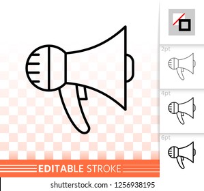 Megaphone thin line icon. Outline loud speaker sign. Bullhorn linear pictogram with different stroke width. Simple vector symbol, transparent background. Loudspeaker editable stroke icon without fill