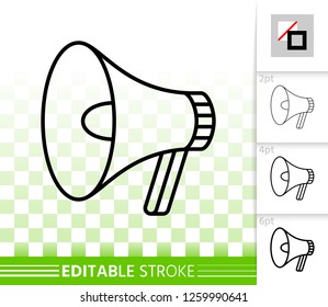 Megaphone thin line icon. Outline loud speaker sign. Bullhorn linear pictogram with different stroke width. Simple vector symbol, transparent background. Loudspeaker editable stroke icon without fill