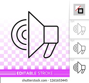 Megaphone thin line icon. Outline loud speaker sign. Bullhorn linear pictogram with different stroke width. Simple vector symbol, transparent background. Loudspeaker editable stroke icon without fill