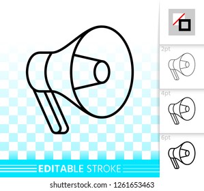 Megaphone thin line icon. Outline loud speaker sign. Bullhorn linear pictogram with different stroke width. Simple vector symbol, transparent background. Loudspeaker editable stroke icon without fill
