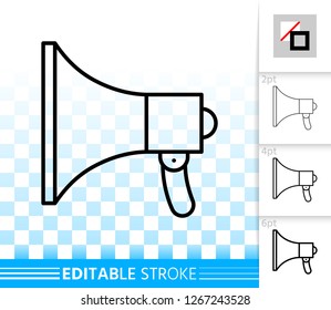 Megaphone thin line icon. Outline loud speaker sign. Bullhorn linear pictogram with different stroke width. Simple vector symbol, transparent background. Loudspeaker editable stroke icon without fill