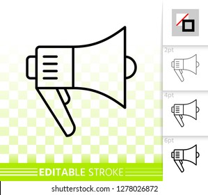 Megaphone thin line icon. Outline loud speaker sign. Bullhorn linear pictogram with different stroke width. Simple vector symbol, transparent background. Loudspeaker editable stroke icon without fill