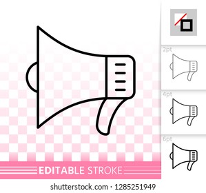Megaphone thin line icon. Outline loud speaker sign. Bullhorn linear pictogram with different stroke width. Simple vector symbol, transparent background. Loudspeaker editable stroke icon without fill