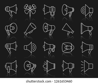 Megaphone thin line icon set. Outline web sign kit of loud speaker. Bullhorn linear icons of microphone, loudspeaker, announce. Voice message simple white contour symbol on black. Vector Illustration