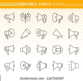 Megaphone thin line icon set. Outline web sign kit of loud speaker. Bullhorn linear icons of loudspeaker, voice message, announce. Editable stroke without fill. Warning simple contour vector symbol