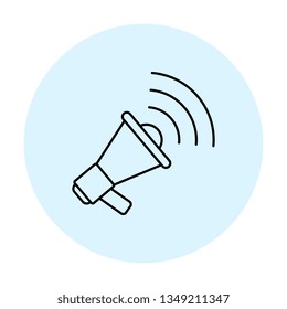 megaphone thin line icon. vector audio, music, voice, sound symbol in blue circle on white background. eps 10