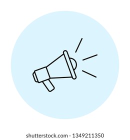 megaphone thin line icon. vector audio, music, voice, sound symbol in blue circle on white background. eps 10