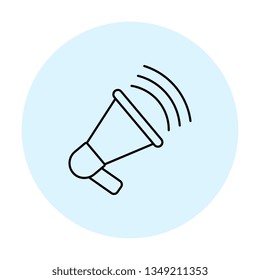 megaphone thin line icon. vector audio, music, voice, sound symbol in blue circle on white background. eps 10