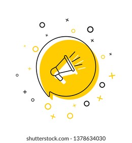 megaphone thin line icon in yellow speech bubble on white background. vector audio, music, voice, sound symbol. eps 10