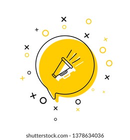 megaphone thin line icon in yellow speech bubble on white background. vector audio, music, voice, sound symbol. eps 10