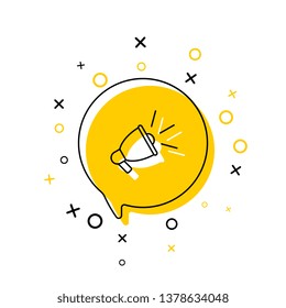 megaphone thin line icon in yellow speech bubble on white background. vector audio, music, voice, sound symbol. eps 10