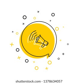 megaphone thin line icon in yellow speech bubble on white background. vector audio, music, voice, sound symbol. eps 10