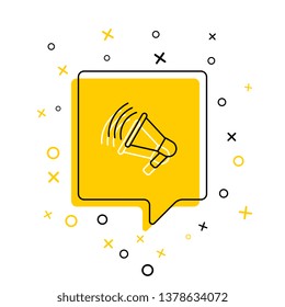 megaphone thin line icon in yellow speech bubble on white background. vector audio, music, voice, sound symbol. eps 10