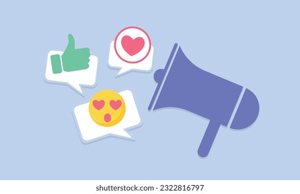 Megaphone and thumbs up, heart and love icons.Social media and digital marketing.on blue background