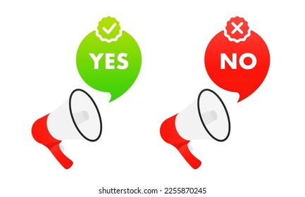 Megaphone, Markierungszeichen und Symbole mit Kreuzzeichen, Einfach OK ja nein. Elemente für Dinge, Nachrichten, soziale Netzwerke, Web. Abstimmungskonzept. Stimmen Sie zu, stimmen Sie zu, Feedback. Vektorgrafik