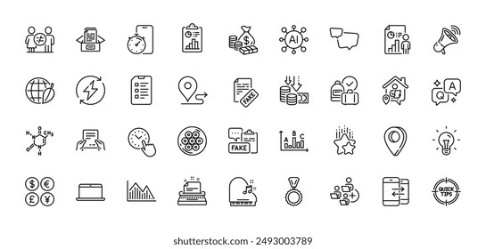 Megaphone, Timer app and Report line icons pack. AI, Question and Answer, Map pin icons. Ranking stars, Cable section, Add team web icon. Documents box, Time management, Journey pictogram. Vector