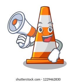 With megaphone traffic cone on road cartoon shape