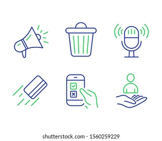 Megaphone, Trash bin and Mobile survey line icons set. Microphone, Credit card and Recruitment signs. Brand advertisement, Garbage, Phone quiz test. Mic. Technology set. Vector