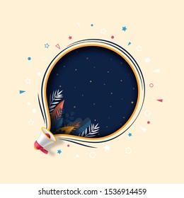 Megaphone with tropical leaves on dark blue bubble speech concept of grand opening sale background template.