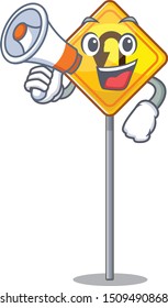 With megaphone u turn sign on edge road cartoon