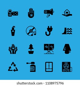 megaphone, umbrella stand, plug, newspaper, closet, spray, sheet music, dam and camcorder vector icon. Simple icons set