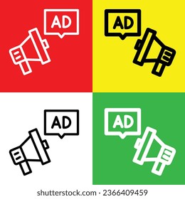 Megaphone Vector Icon, Outline style icon, from Advertisement icons collection, isolated on Red, Yellow, Green and White Background.