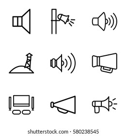 megaphone vector icons. Set of 9 megaphone outline icons such as megaphone, volume, TV set