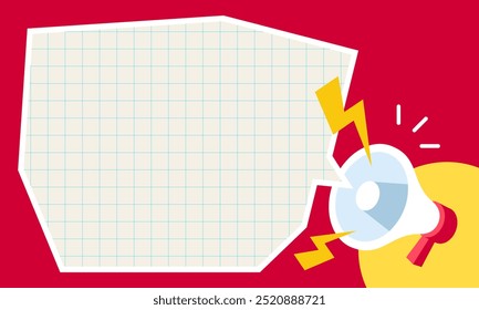 Megaphone Vector Illustration on Red Background with Speech Bubbles and Grid Pattern