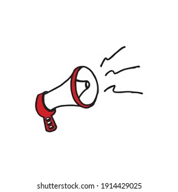 megaphone vector illustration on white background. bulhorn, megaphone icon. red and white color with black outline. hand drawn vector. doodle for logo, sticker, clipart, poster, banner, cover.