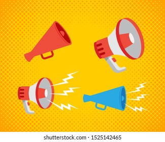 Megaphone vector illustration. Megaphone on yellow halftone background