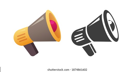 Megaphone vector isolated icon set flat cartoon and black white shape illustration, loudspeaker retro old logo idea, mouthpiece horn label silhouette clipart