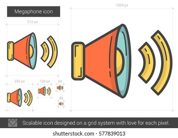 Megaphone Vektorgrafik Symbol einzeln auf weißem Hintergrund. Megaphone Linie Symbol für Infografik, Website oder App. Skalierbares Symbol, das auf einem Gittersystem entworfen wurde.