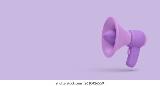 Megaphone In Vibrant 3D Cartoon Style On Soft Purple Background. Perfect For Promotion, Social Media, And Marketing Projects. Clean And Trendy Look. Vector Illustration.