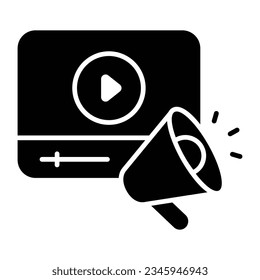 Megaphone con reproductor de vídeo que denota un icono de moda del marketing de vídeo