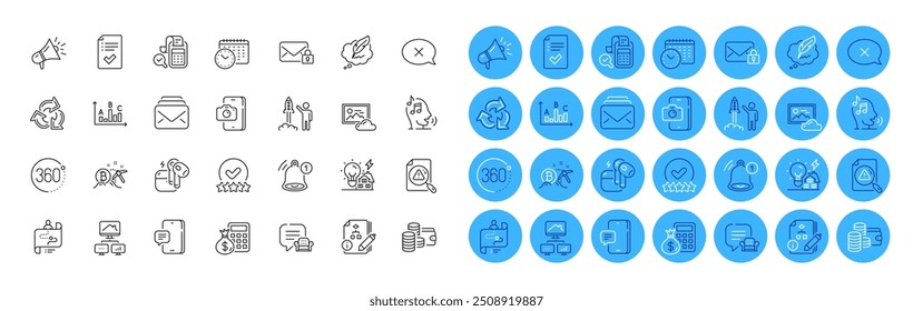 Megaphone, Voicemail and 360 degrees line icons pack. Calendar time, Work home, Finance calculator web icon. Mail, Reject, Search document pictogram. Recycle, Headset, Survey results. Vector