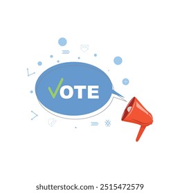 Megaphone and a Vote symbol with a checkmark surrounded by icons, promoting voter turnout