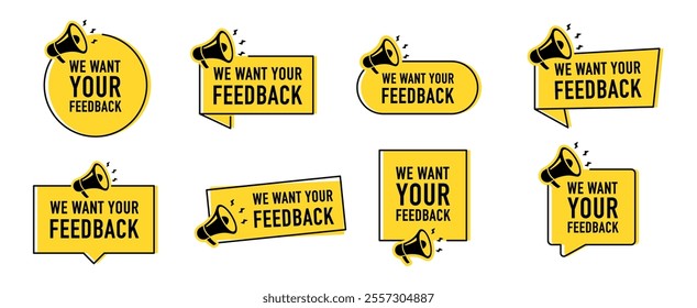 Megaphone with We want your feedback speech bubble. Loudspeaker. Banner for business, marketing and advertising. Vector illustration.