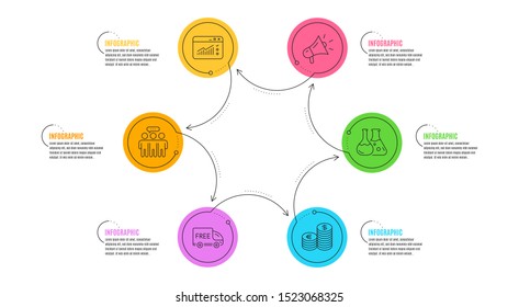 Megaphone, Web traffic and Employees group signs. Infographic timeline. Currency, Chemistry lab and Free delivery line icons set. Euro and usd, Laboratory, Shopping truck. Brand advertisement. Vector