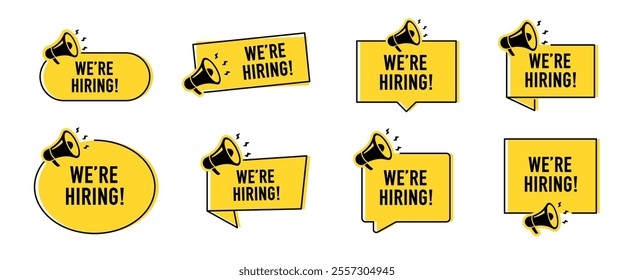 Megaphone with we're hiring speech bubble. Loudspeaker. Banner for business, marketing and advertising. Vector illustration.
