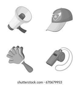 Megaphone, whistle and other attributes of the fans.Fans set collection icons in monochrome style vector symbol stock illustration web.