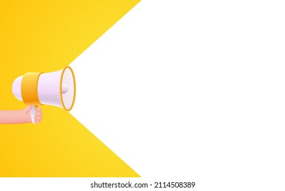 Megaphone mit weißer Sprachblase auf horizontalem Banner. Konzept für Social Media-Marketing. Vektorgrafik 3D.