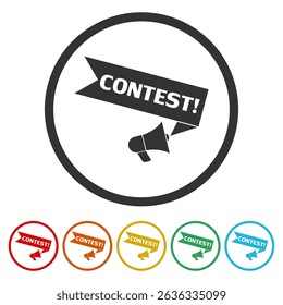Megaphone with word contest. Set icons in color circle buttons